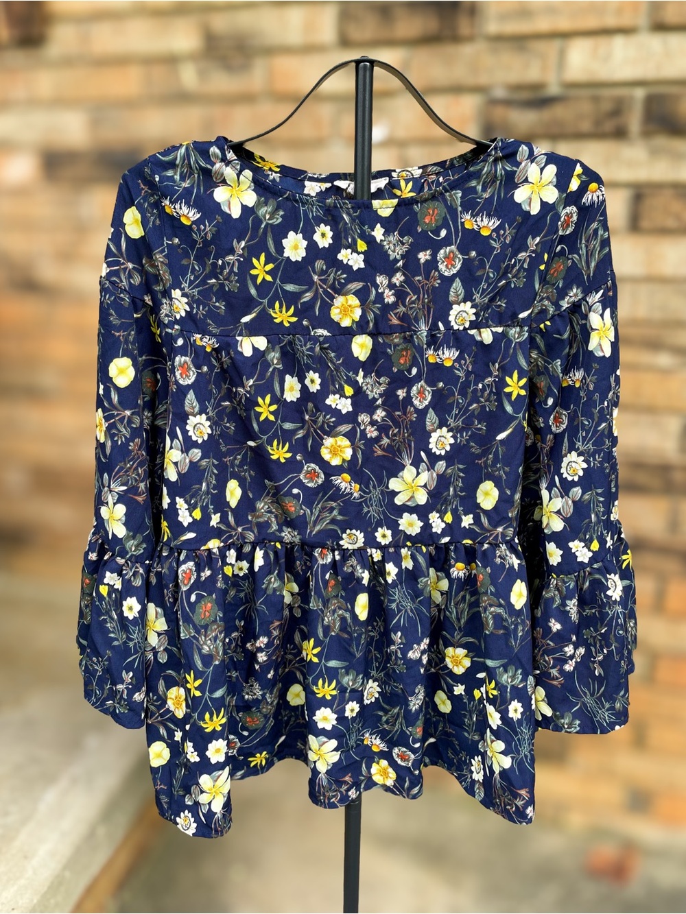 Entro Large Navy Floral Babydoll Blouse Bell Sleeve Boho